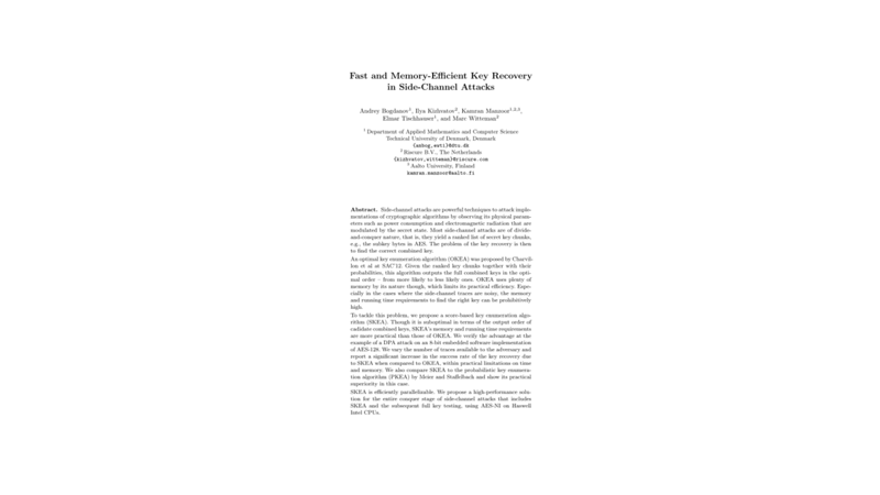Fast and Memory-Efficient Key Recovery in Side Channel Attacks
